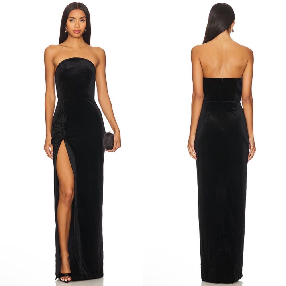 Amanda Uprichard X Revolve Wolfe Maxi Gown In Black Velvet Rosettes